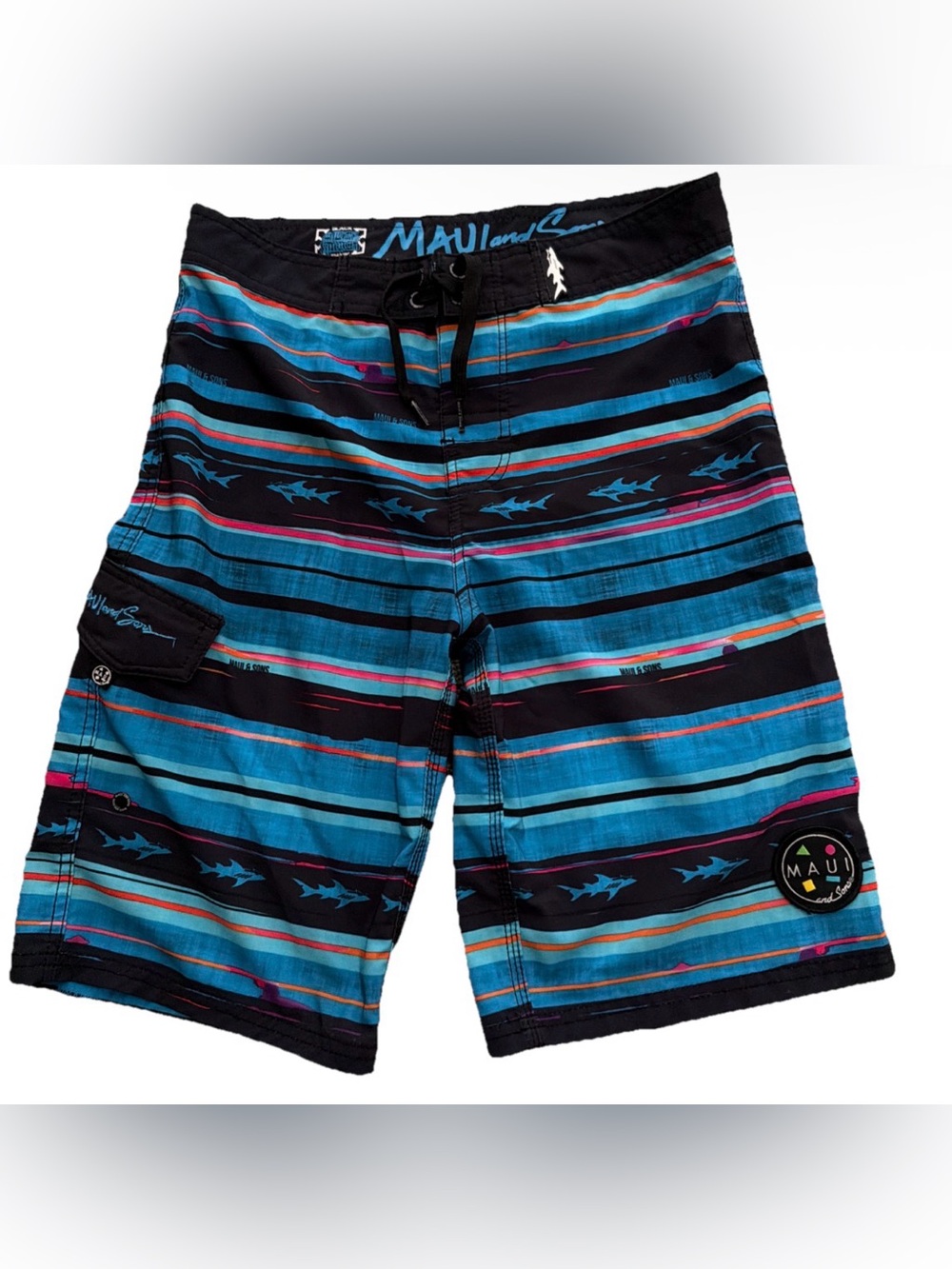 Maui and Sons Teal Stripe Boardshorts with Black and Pink Accents